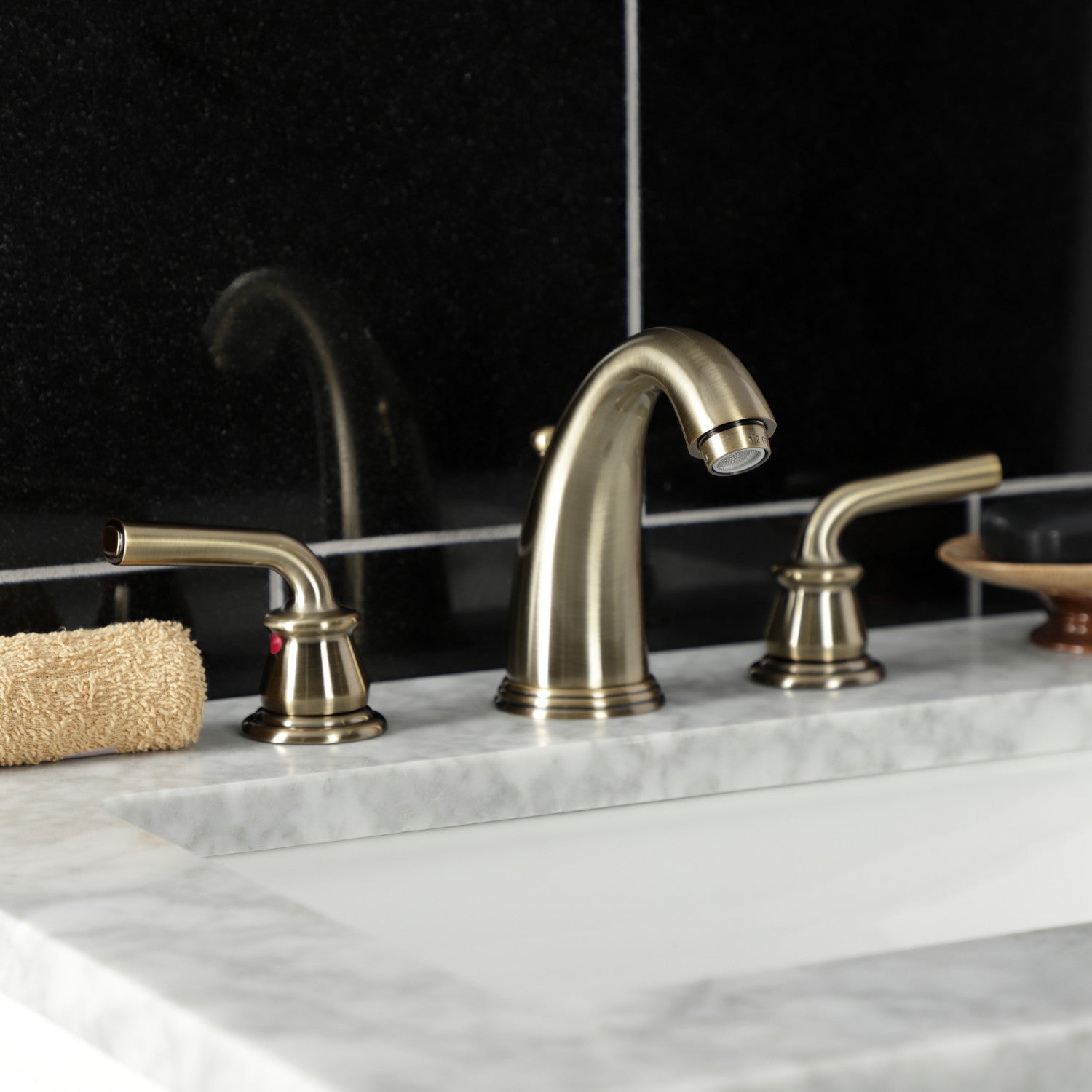 Kingston Tulare KB983RXLAB - Restoration Two-Handle 3-Hole Deck Mount Widespread Bathroom Faucet with Pop-Up Drain, Antique Brass — thumbnail 3